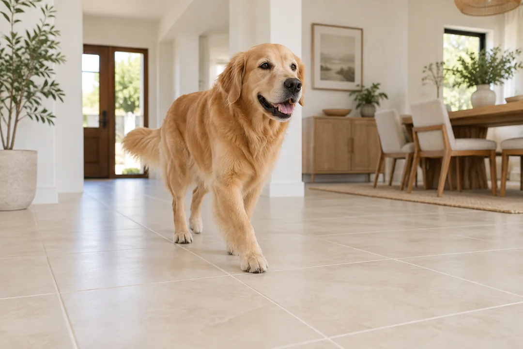 Cachorro caminhando sobre piso de porcelanato