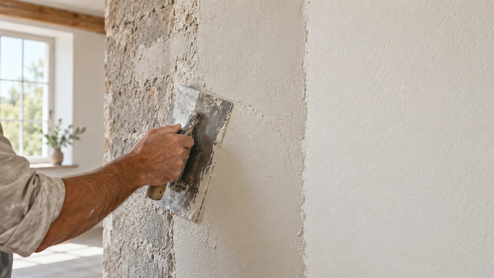 Aplicação de reboco em parede de alvenaria com acabamento claro