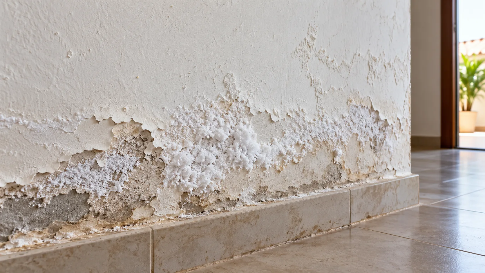 Parede com pintura descascada e manchas de salitre próximas ao piso