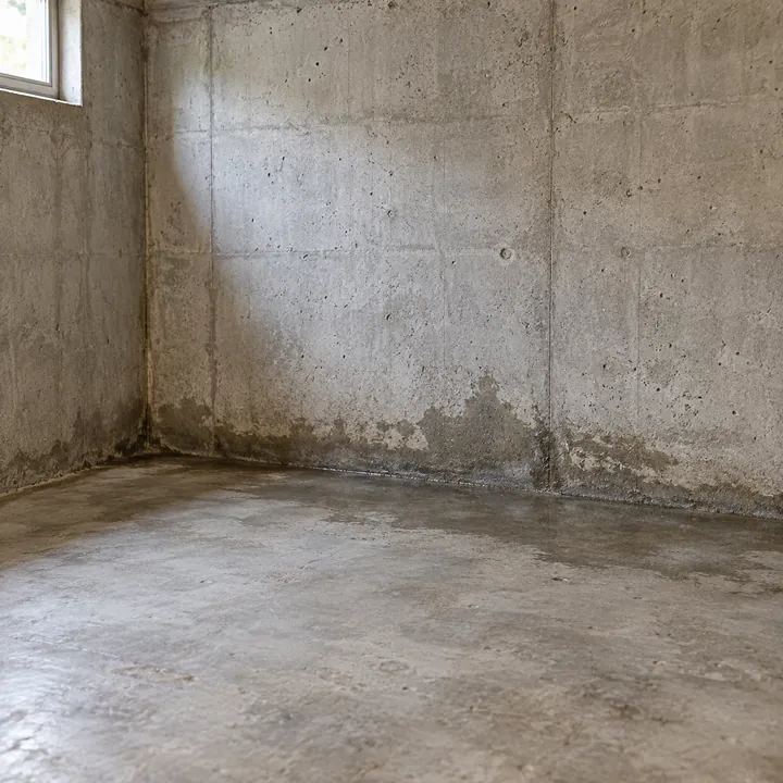 Subsolo com paredes de concreto e sinais de umidade próximos ao piso.