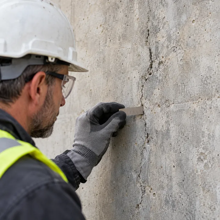 Profissional com equipamentos de proteção avaliando uma trinca no concreto.