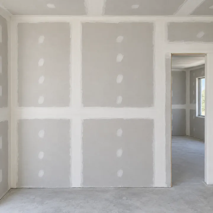 Parede interna de drywall com juntas regularizadas antes do acabamento.