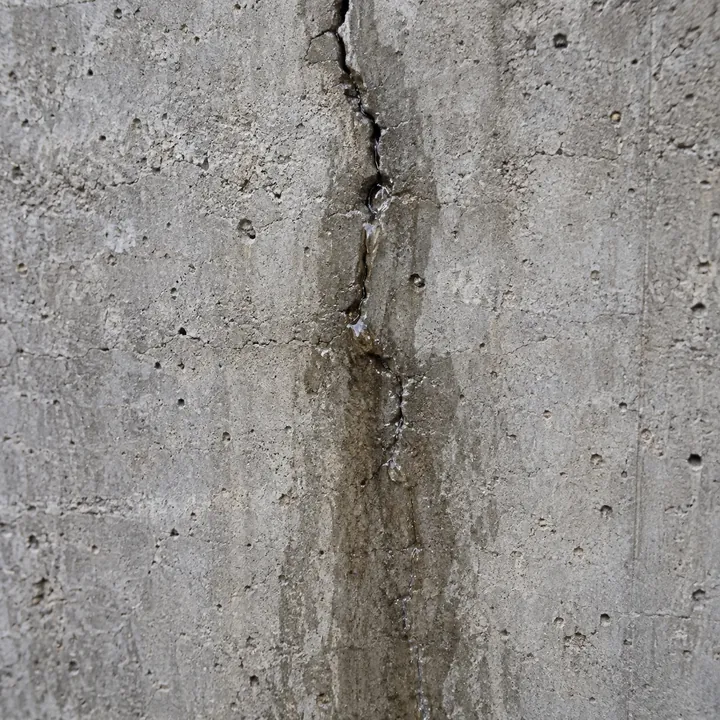 Trinca em parede de concreto com passagem localizada de água.