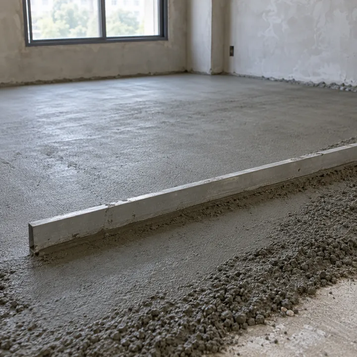 Contrapiso de argamassa cimentícia sendo nivelado com régua de alumínio.